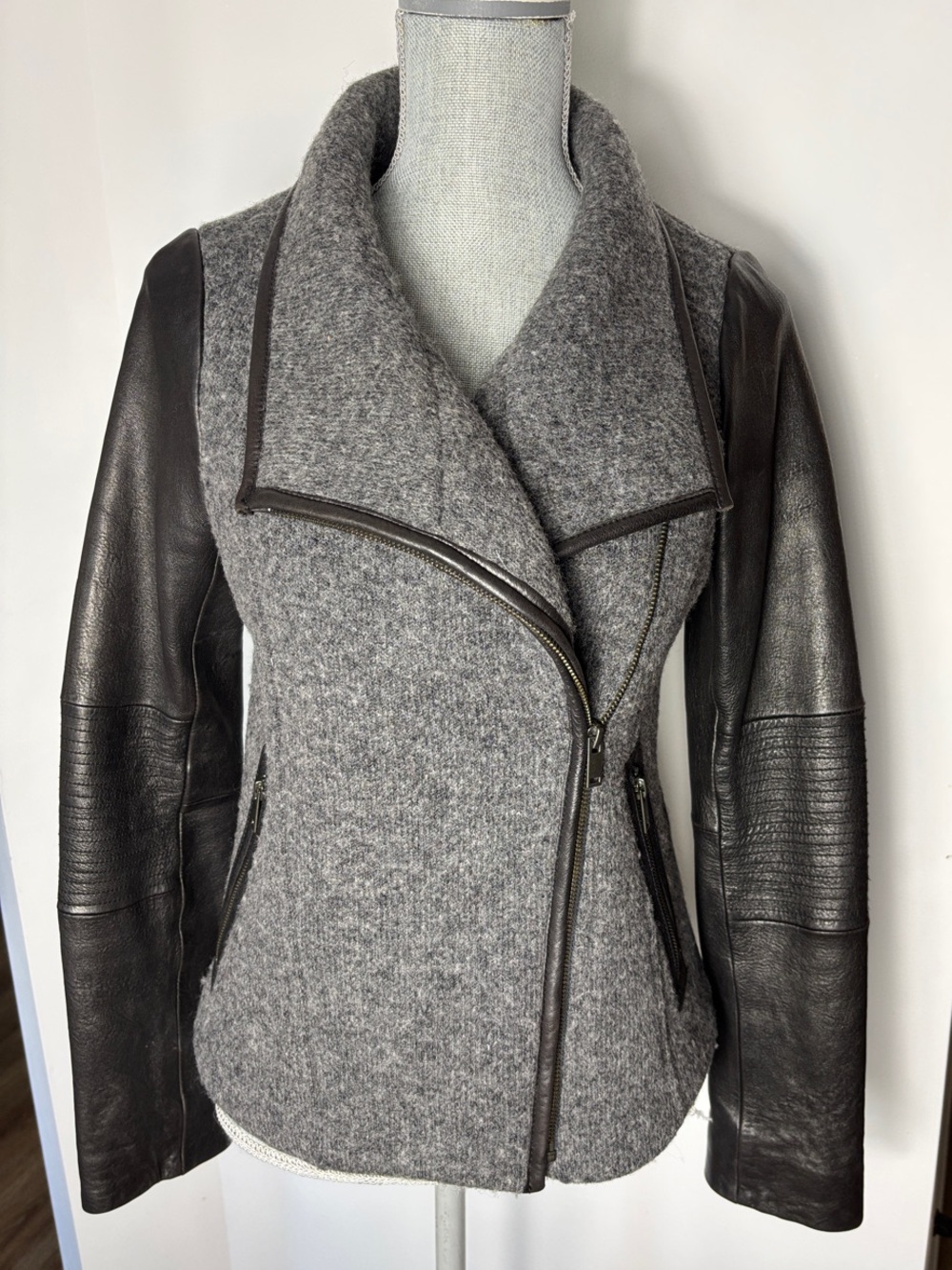 Banana Republic Moto Jacket Gray Wool Blend Jacket with Black Leather Sleeves S
